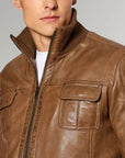 Men’s Tan Leather Jacket – Casual Slim Fit Zip-Up Everyday Jacket