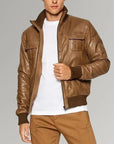 Men’s Tan Leather Jacket – Casual Slim Fit Zip-Up Everyday Jacket