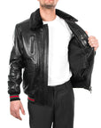 Men’s Black Fur Collar Leather Bomber Jacket