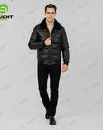Men’s Black Quilted Leather Jacket with Fur Collar – Winter Bomber Jacket | XXS–4XL