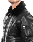 Men’s Black Fur Collar Leather Bomber Jacket