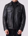 Men’s Black Leather Trucker Jacket – Premium Button-Up Casual Leather Shirt Jacket