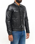 Men’s Black Leather Trucker Jacket – Classic Button-Up Casual Leather Jacket