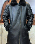 Men’s Black Shearling Leather Coat | Winter Fur Lined Long Leather Jacket