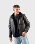 Men’s Black Shearling Leather Jacket – Winter Faux Fur Bomber Coat