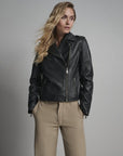Women’s Black Leather Biker Jacket – Classic Moto Zip-Up Jacket