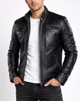 Men’s Black Genuine Leather Jacket – Slim Fit Biker Style Motorcycle Jacket, Classic Zip-Up Fashion Leather Coat for Men