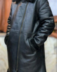 Men’s Black Shearling Leather Coat | Winter Fur Lined Long Leather Jacket