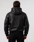 Men’s Black Hooded Leather Bomber Jacket – Casual Winter Zip-Up Coat