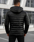 Men’s Black Leather Hooded Puffer Jacket – Winter Quilted Zip-Up Hoodie Coat