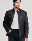 Men’s Black Cafe Racer Leather Jacket – Slim Fit Biker Moto Jacket