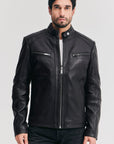 Men’s Black Cafe Racer Leather Jacket – Slim Fit Biker Moto Jacket