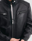 Men’s Black Cafe Racer Leather Jacket – Slim Fit Biker Moto Jacket