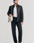 Men’s Black Cafe Racer Leather Jacket – Slim Fit Biker Moto Jacket
