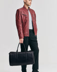 Men’s Burgundy Cafe Racer Leather Jacket – Slim Fit Moto Biker Jacket
