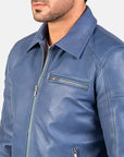 Men’s Sky Blue Leather Jacket – Classic Zip-Up Casual Biker Jacket