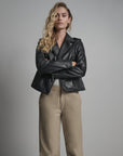 Women’s Black Leather Biker Jacket – Classic Moto Zip-Up Jacket