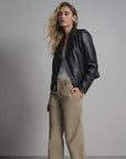 Women’s Black Leather Biker Jacket – Classic Moto Zip-Up Jacket
