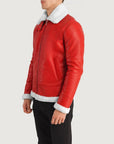 Men’s Red Shearling Leather Jacket – Winter Fur Lined Bomber Coat