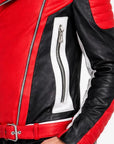 Men’s Red Black & White Leather Biker Jacket – Retro Punk Moto Racing Jacket