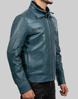 Men’s Teal Blue Genuine Leather Jacket – Classic Zip Up Motorcycle Style Jacket for Men
