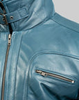 Men’s Teal Blue Genuine Leather Jacket – Classic Zip Up Motorcycle Style Jacket for Men