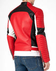 Men’s Red Black & White Leather Biker Jacket – Retro Punk Moto Racing Jacket