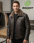 en’s Dark Brown Shearling Leather Jacket – Fur Collar Winter Aviator Bomber Jacket |