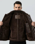 Men's Brown Shearling Leather Jacket with Fur Collar – Winter Aviator Bomber Jacket