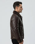 Men's Brown Shearling Leather Jacket with Fur Collar – Winter Aviator Bomber Jacket