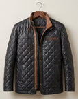 Men's Black Quilted Leather Jacket with Brown Trim – Diamond Stitch Motorcycle Biker Jacket