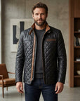 Men's Black Quilted Leather Jacket with Brown Trim – Diamond Stitch Motorcycle Biker Jacket