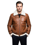 Men’s Tan Shearling Leather Jacket – Premium Aviator Winter Jacket