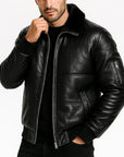 Men’s Brown Fur Collar Leather Bomber Jacket