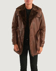 Men’s Premium Brown Leather Trench Coat – Fur Collar Winter Jacket