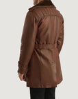 Men’s Premium Brown Leather Trench Coat – Fur Collar Winter Jacket