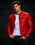 Men’s Red Cafe Racer Leather Jacket – Quilted Motorcycle Biker Jacket