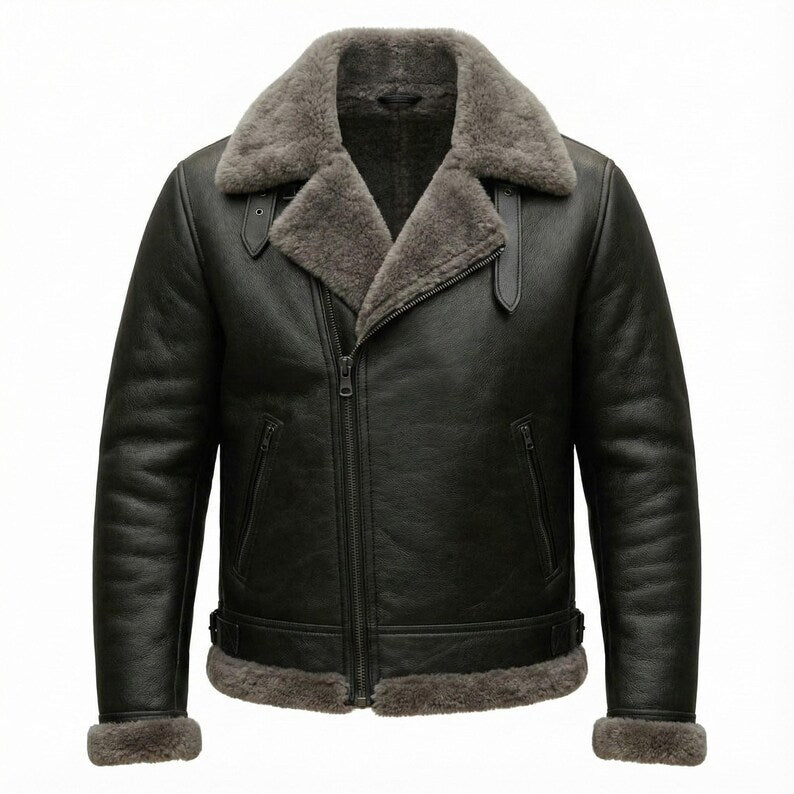 Men’s Black Fur Leather Jacket – Premium Shearling Winter Biker Jacket
