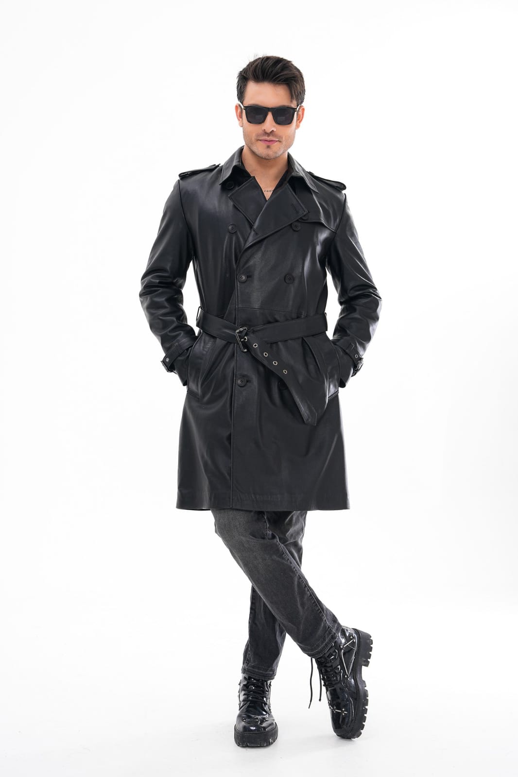 Men’s Long Black Leather Trench Coat – Premium Double Breasted Winter Coat