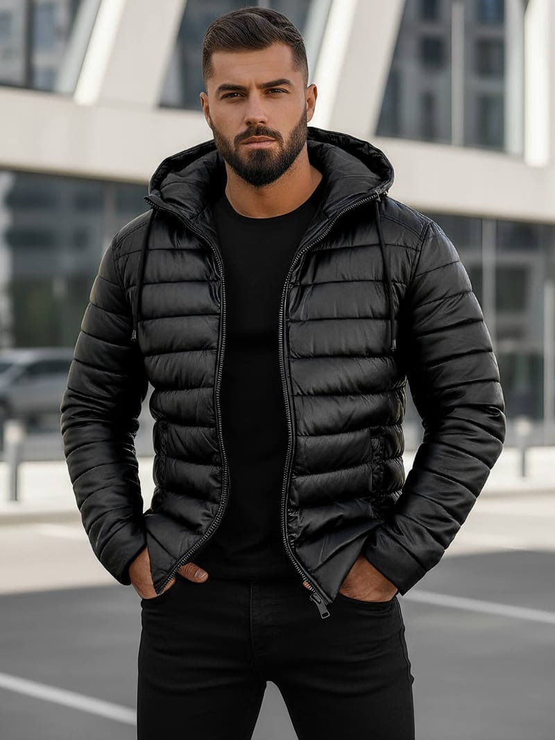 Men’s Black Leather Hooded Puffer Jacket – Winter Quilted Zip-Up Hoodie Coat