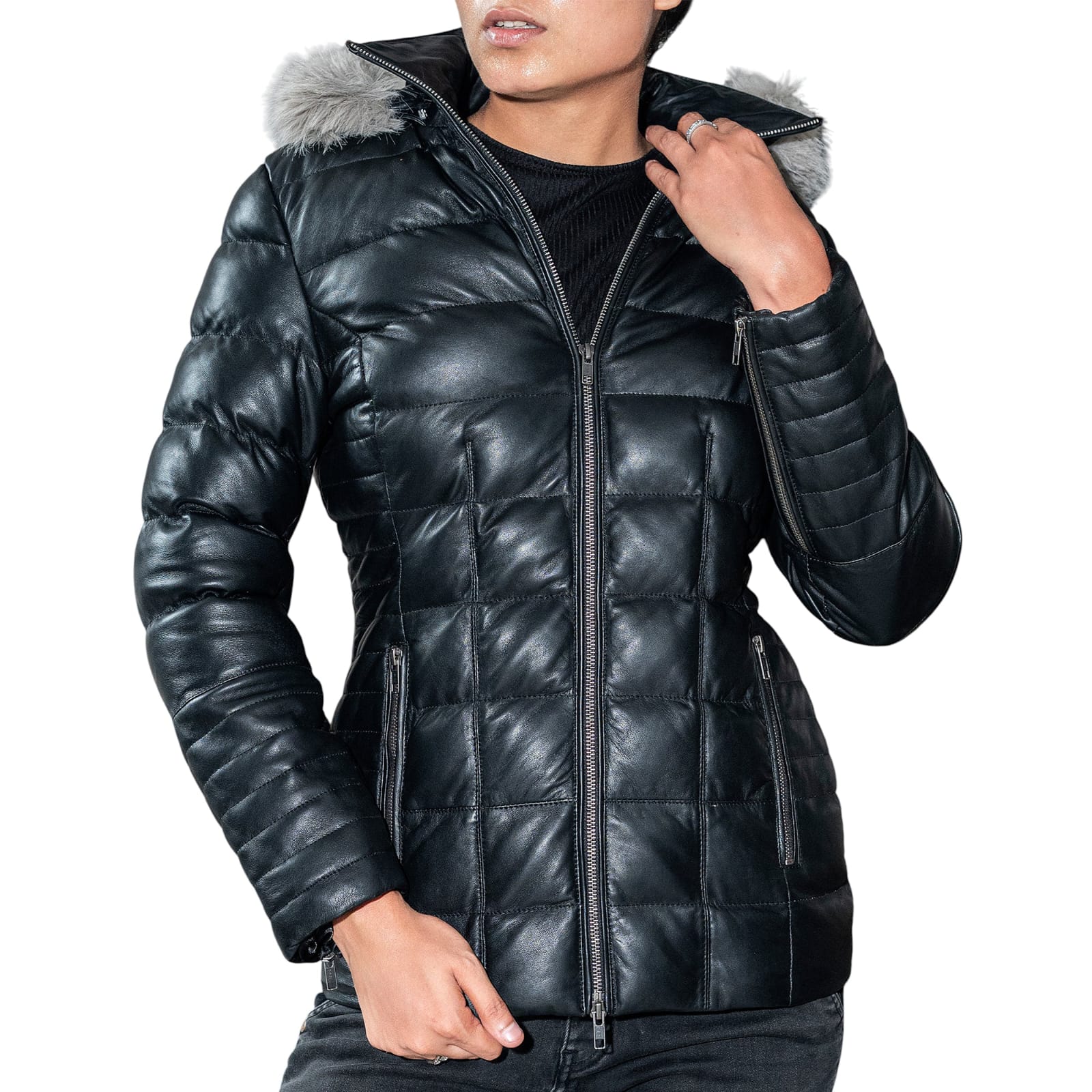 womens-black-leather-puffer-coat-fur-hood