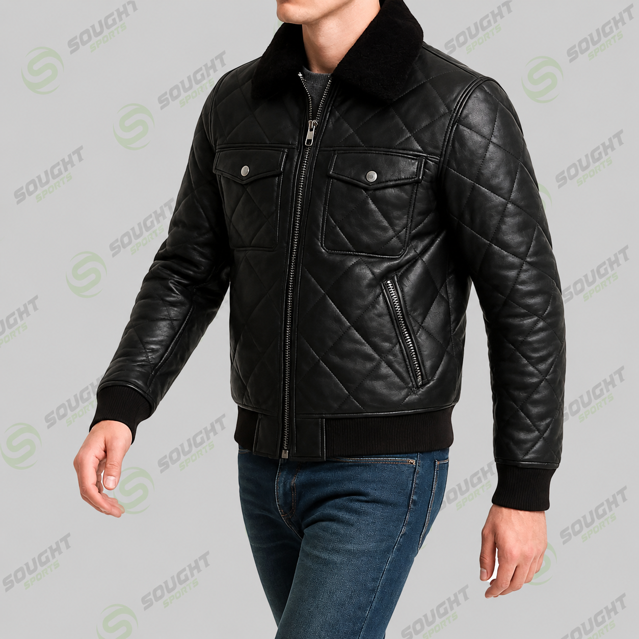 Men’s Black Quilted Leather Jacket with Fur Collar – Winter Bomber Jacket | XXS–4XL