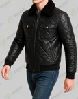 Men’s Black Quilted Leather Jacket with Fur Collar – Winter Bomber Jacket | XXS–4XL