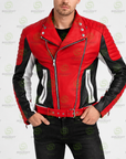 Men’s Red Black & White Leather Biker Jacket – Retro Punk Moto Racing Jacket