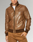 Men’s Tan Leather Jacket – Casual Slim Fit Zip-Up Everyday Jacket