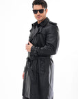 Men’s Long Black Leather Trench Coat – Premium Double Breasted Winter Coat