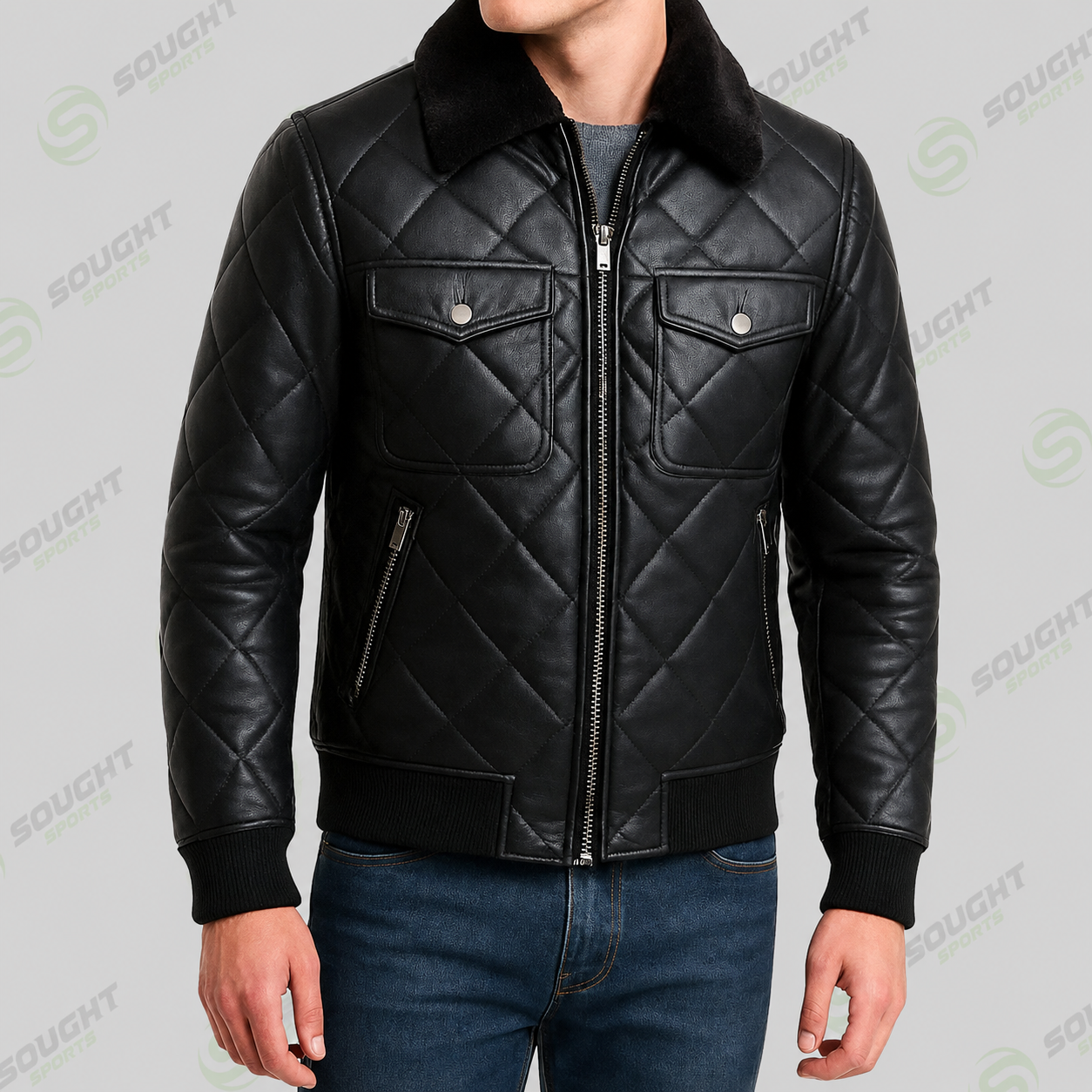 Men’s Black Quilted Leather Jacket with Fur Collar – Winter Bomber Jacket | XXS–4XL