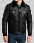 Men’s Black Quilted Leather Jacket with Fur Collar – Winter Bomber Jacket | XXS–4XL