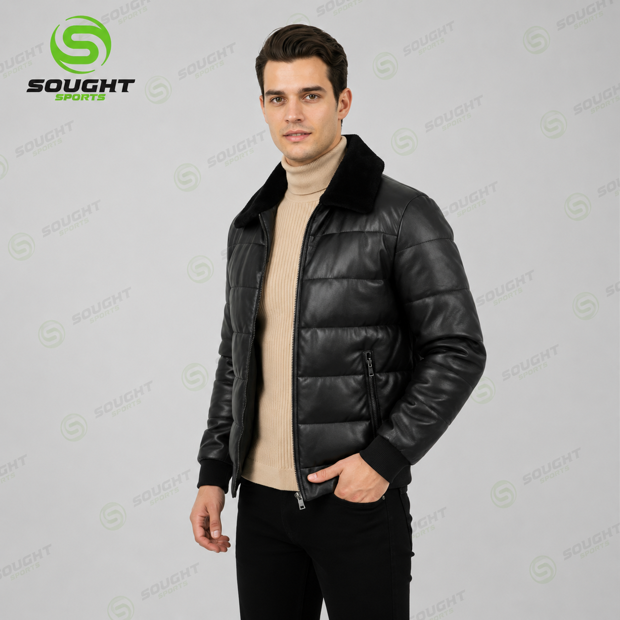 Men’s Black Quilted Leather Jacket with Fur Collar – Winter Bomber Jacket | XXS–4XL