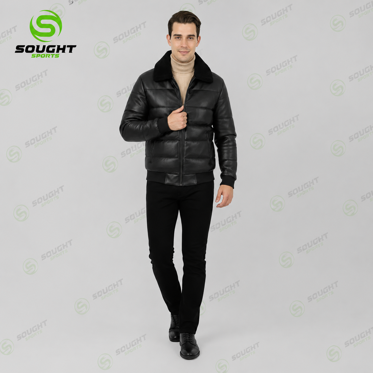 Men’s Black Quilted Leather Jacket with Fur Collar – Winter Bomber Jacket | XXS–4XL